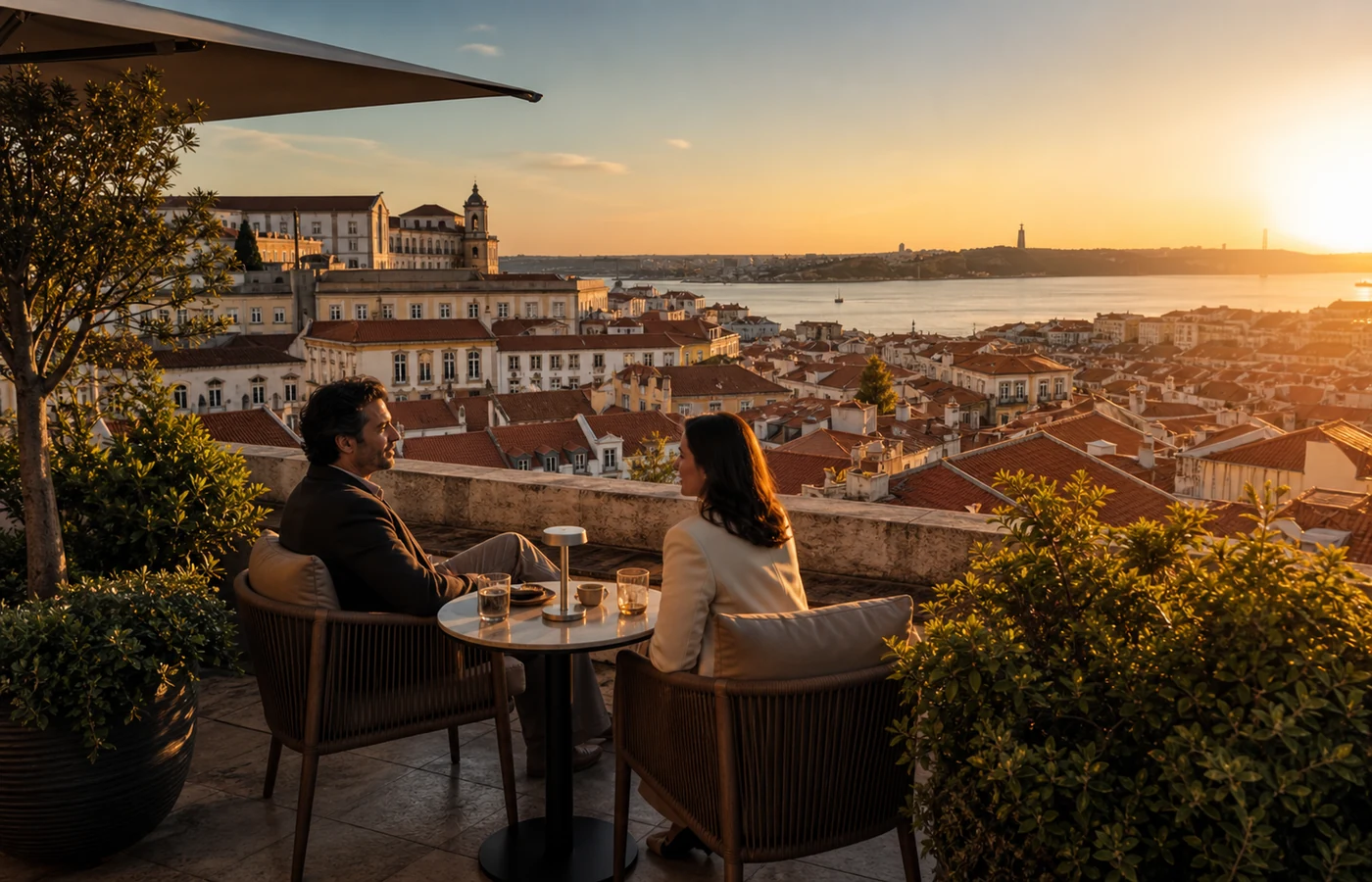 Terraço elegante com vista sobre uma cidade portuguesa